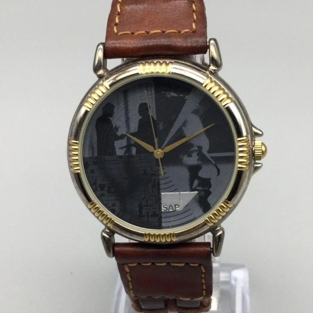 SAP Mens Watch 33mm Black SAP Logo Dial Brown Leather Strap Two Tone New Battery